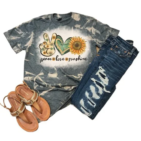 Peace Love Sunshine Sunflower Gray Bleached Handmade Graphic Tee T-Shirt - Picture 2 of 6